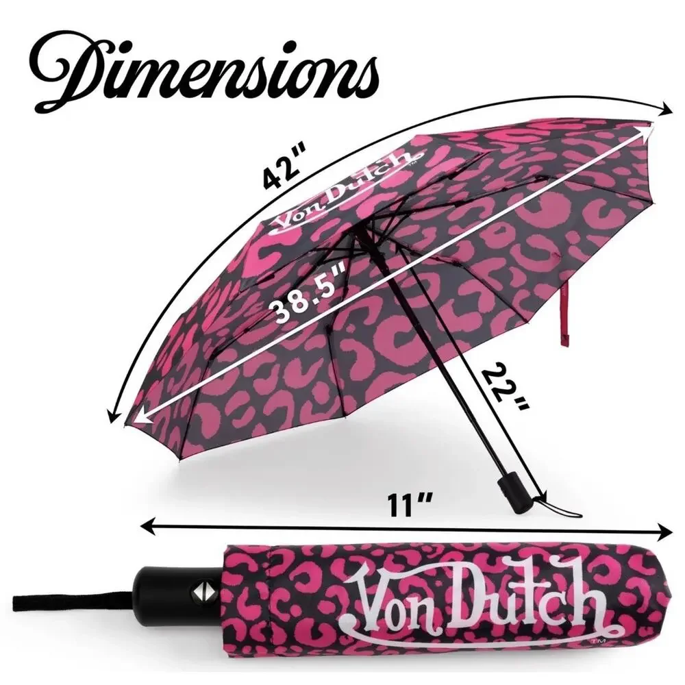Von Dutch Hot Pink Cheetah Compact Automatic Umbrella, Strong & Portable